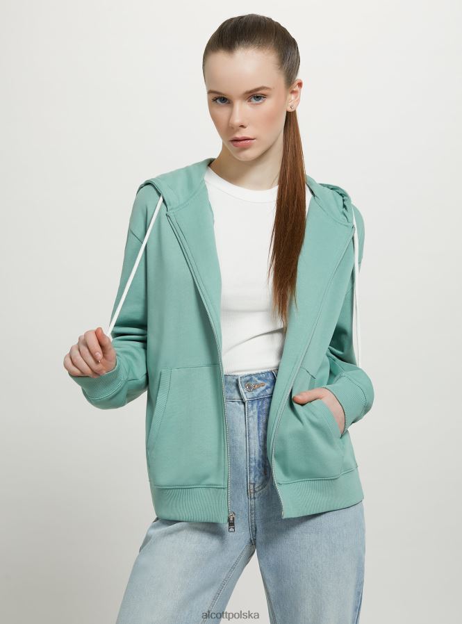 odzież Alcott basicowa, bawełniana bluza z zamkiem i kapturem lazur kobiety 2TXFF6100