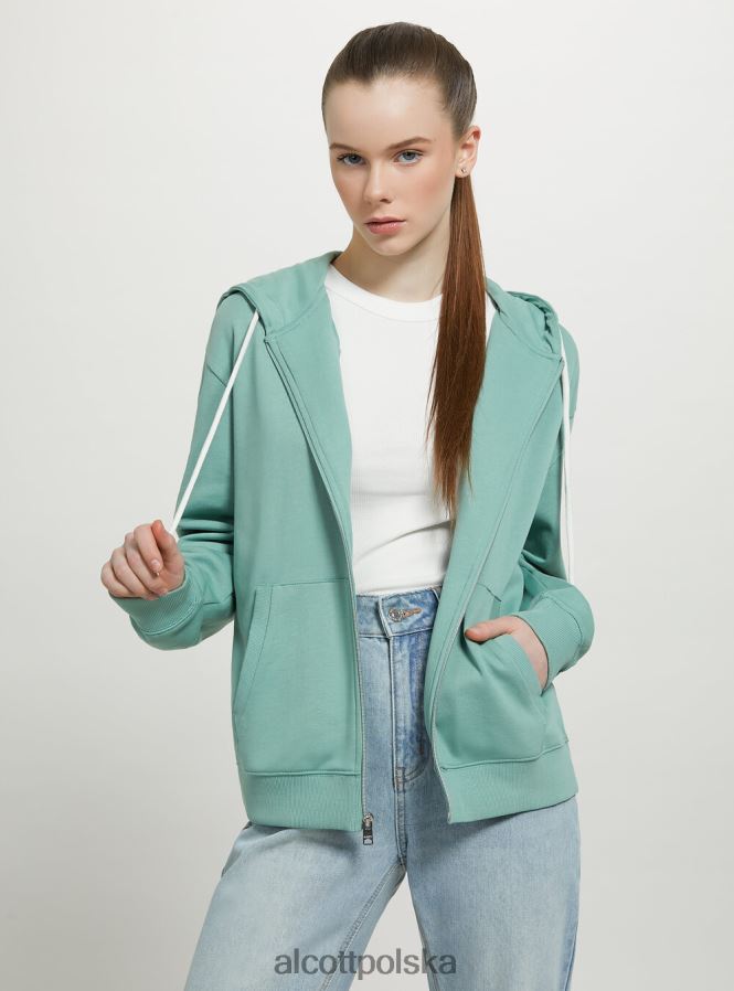 odzież Alcott basicowa, bawełniana bluza z zamkiem i kapturem lazur kobiety 2TXFF6100