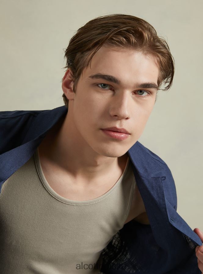 odzież Alcott Lniana koszula z kołnierzykiem typu kręgle Kaki mężczyźni 2TXFF6993