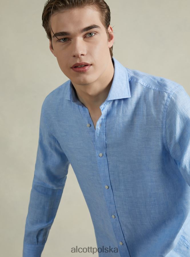odzież Alcott koszula z czystego lnu z długimi rękawami az3 lazurowe światło mężczyźni 2TXFF6625