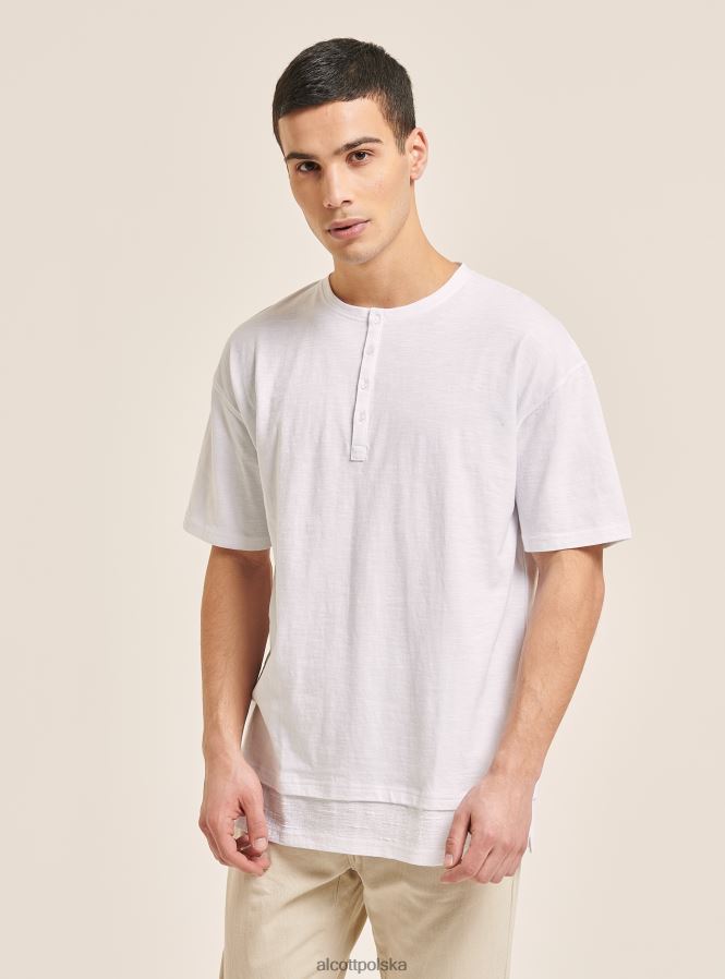 odzież Alcott T-shirt z mieszanki lnu z kołnierzykiem typu serape biały mężczyźni 2TXFF6599