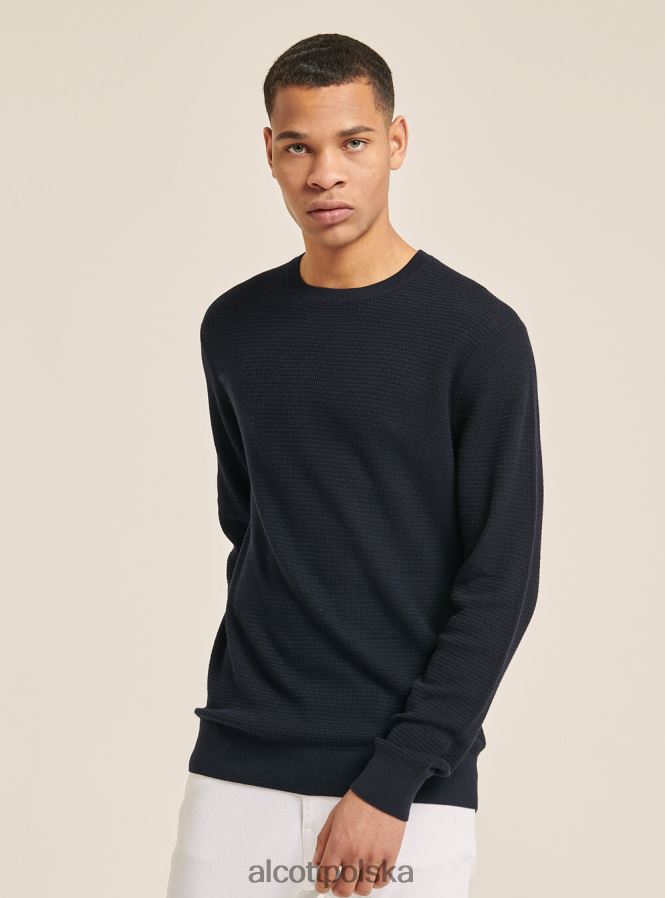 odzież Alcott teksturowany, bawełniany sweterek z okrągłym dekoltem na1 granatowy ciemny mężczyźni 2TXFF61154