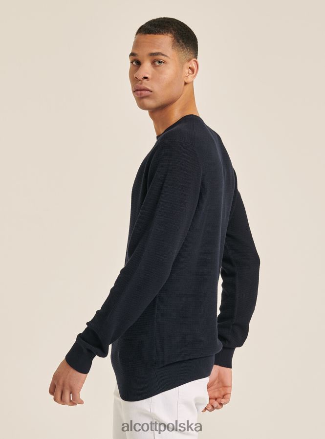 odzież Alcott teksturowany, bawełniany sweterek z okrągłym dekoltem na1 granatowy ciemny mężczyźni 2TXFF61154